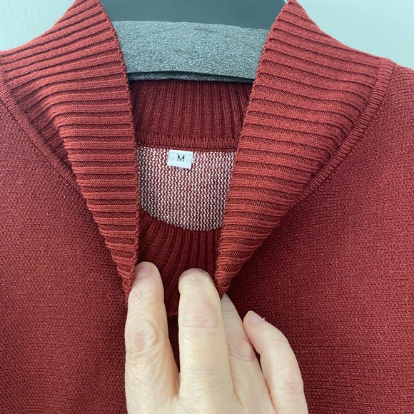 SZ M, Burgundy & Cream, T-Neck, Sleeved Poncho Sweater with Stripes. - Picture 2 of 3